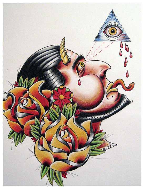 devil head - flower tattoo