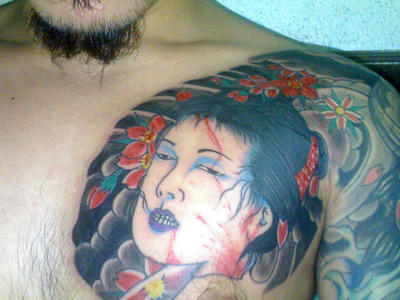 dead geisha on my chest - chest tattoo