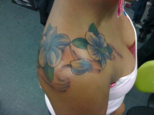 hibiscus over shoulder 2 - shoulder tattoo