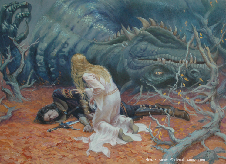 A painting of the death of Glaurung, the first dragon of Morgoth