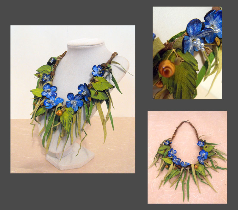 Leather_floral_blue_necklace_by_julishla